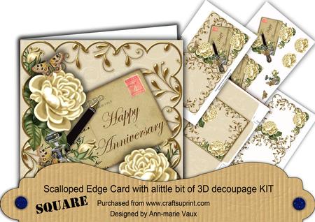 Cream Roses Happy Anniversary Postcard 3D Decoupage Card Kit