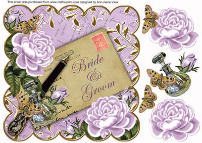 Lilac Roses Bride & Groom 8in Scallop Decoupage Topper