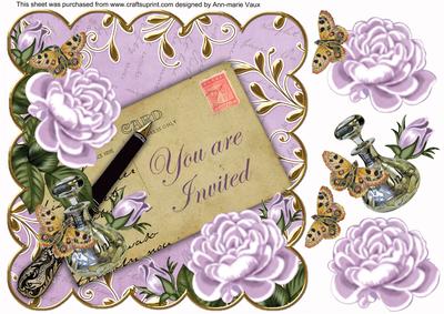 Lilac Roses You Are Invited 8in Scallop Decoupage Topper