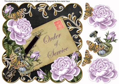 Lilac Roses Black Order of Service 8in Decoupage Topper