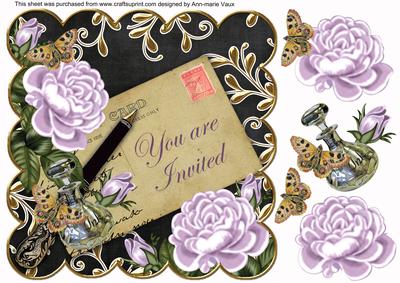 Lilac Roses Black You Are Invited 8in Decoupage Topper