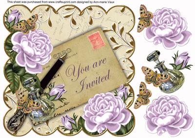 Lilac Roses Cream You Are Invited 8in Decoupage Topper