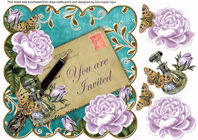 Lilac Roses Teal You Are Invited 8in Decoupage Topper