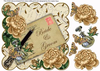Coffee Rose Cream Bride & Groom 8in Scallop Decoupage Topper