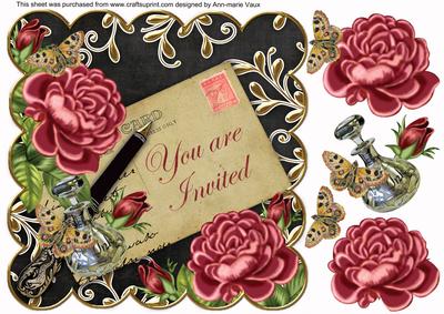 Dpink Roses Black You Are Invited 8in Decoupage Topper