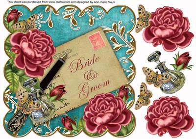 Dpink Roses Teal Bride & Groom 8in Scallop Decoupage Topper