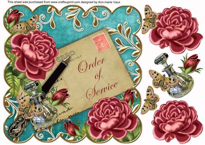 Dpink Rose Teal Order of Service 8in Decoupage Topper