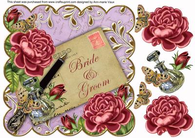Dpink Roses Lilac Bride & Groom 8in Scallop Decoupage Topper