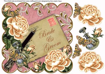 Peach Pink Bride & Groom 8in Scallop Decoupage Topper