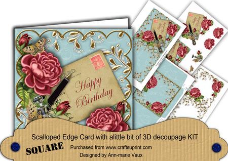 Deep Pink Roses Teal Happy Birthday 3D Decoupage Card Kit