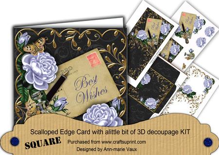 Blue Roses Black Best Wishes 3D Decoupage Card Kit
