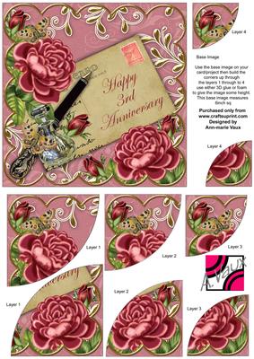 Deep Pink Roses Happy 3rd Anniversary 6in Duo Corner Stacker