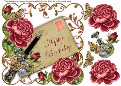 Dpink Roses Happy Birthday Ink Saver 8in Decoupage Topper
