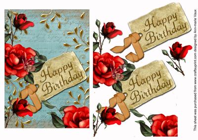 Red Tea Rose Teal Happy Birthday 7x5in Decoupage Topper