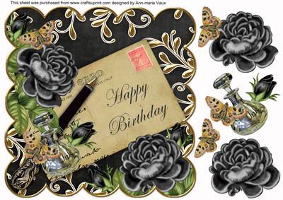 Black Roses Happy Birthday 8in Decoupage Topper
