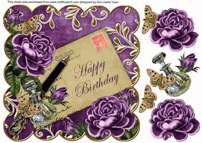 Purple Roses Happy Birthday 8in Decoupage Topper