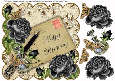 Black Roses Cream Happy Birthday 8in Decoupage Topper