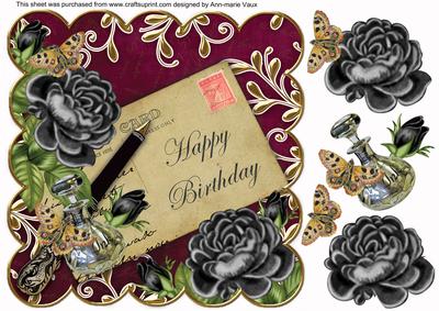 Black Roses Hot Pink Happy Birthday 8in Decoupage Topper