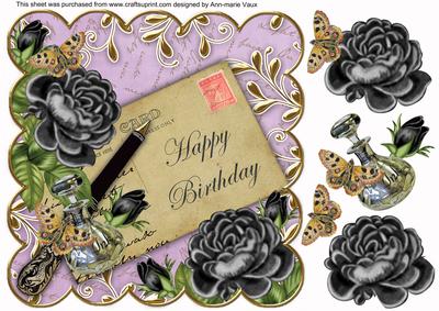 Black Roses Lilac Happy Birthday 8in Decoupage Topper