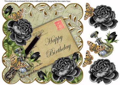 Black Roses Olive Happy Birthday 8in Decoupage Topper