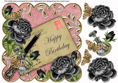 Black Roses Pink Happy Birthday 8in Decoupage Topper
