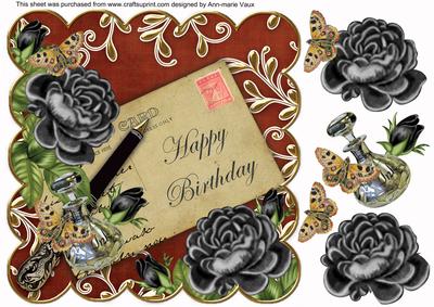 Black Roses Sun Happy Birthday 8in Decoupage Topper