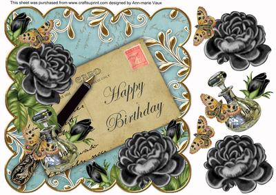 Black Roses Teal Happy Birthday 8in Decoupage Topper