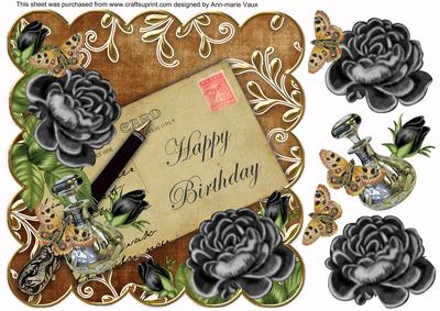 Black Roses Vintage Happy Birthday 8in Decoupage Topper