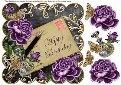 Purple Roses Black Happy Birthday 8in Decoupage Topper