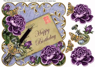 Purple Roses Blue Happy Birthday 8in Decoupage Topper