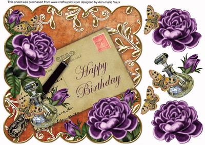 Purple Roses Burnt Happy Birthday 8in Decoupage Topper