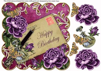 Purple Roses Cerise Happy Birthday 8in Decoupage Topper