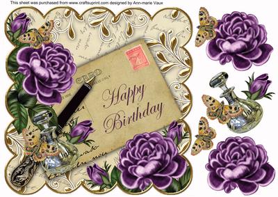 Purple Roses Cream Happy Birthday 8in Decoupage Topper