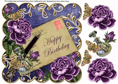 Purple Roses Dark Blue Happy Birthday 8in Decoupage Topper