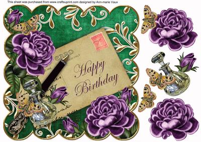 Purple Roses Green Happy Birthday 8in Decoupage Topper