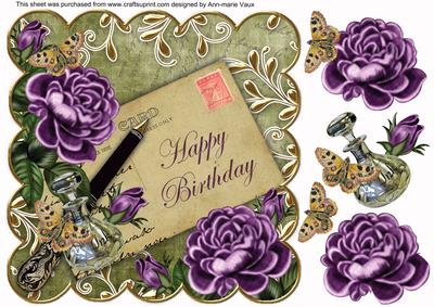 Purple Roses Olive Happy Birthday 8in Decoupage Topper