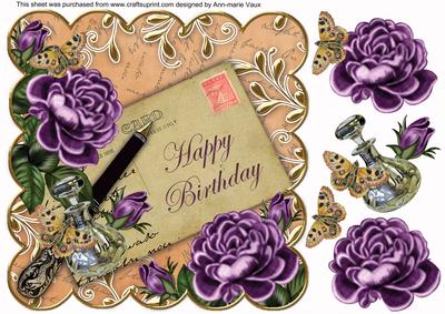 Purple Roses Peach Happy Birthday 8in Decoupage Topper