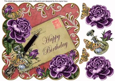 Purple Roses Red Happy Birthday 8in Decoupage Topper