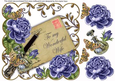Blue Roses Wonderful Wife Ink Saver 8in Decoupage Topper