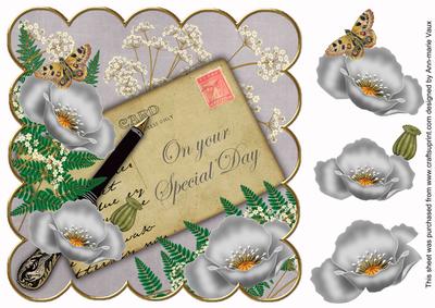Silver Poppy Special Day 8in Decoupage Topper