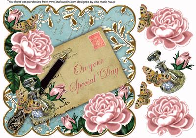 Pink Roses Teal Special Day 8in Decoupage Topper