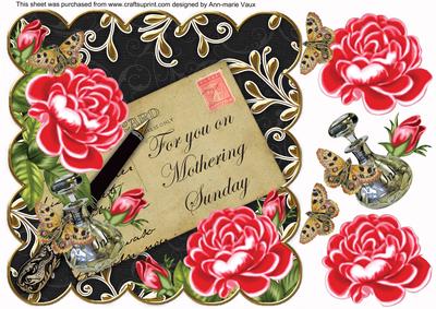Red Roses Black Mothering Sunday 8in Decoupage Topper