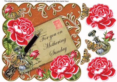 Red Roses Burnt Mothering Sunday 8in Decoupage Topper