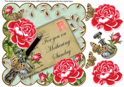Red Roses Mint Mothering Sunday 8in Decoupage Topper