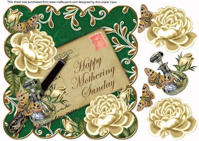 Cream Roses Green Mothering Sunday 8in Decoupage Topper