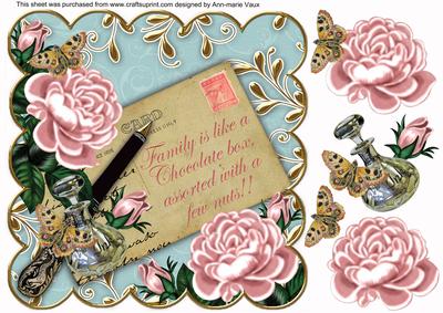 Pink Roses Pastel Teal Assorted Family 8in Decoupage Topper