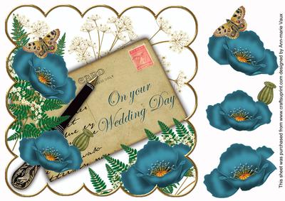 Teal Poppy Wedding Day Ink Saver 8in Decoupage Topper