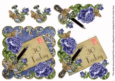 Blue Roses 30 Today Scallop Decoupage Step by Step Sheet