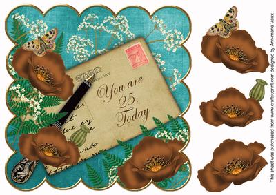 Chocolate Teal Poppy 25 Today 8in Scallop Decoupage Topper