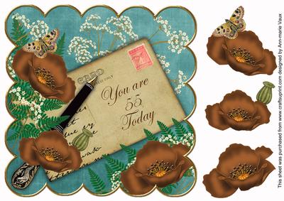 Chocolate Teal Poppy 55 Today 8in Scallop Decoupage Topper